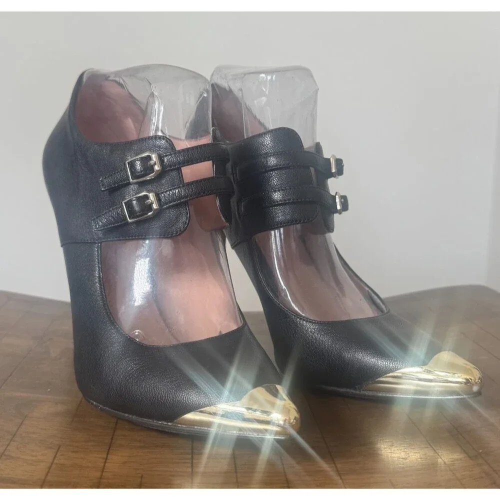 Enzo Angiolini Black Leather Heels Gold Cap Toe Double Strap Pumps Size 10M